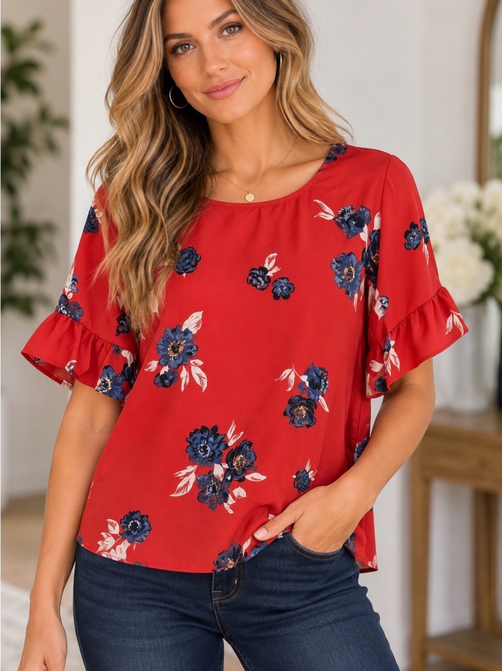 Maurices Red Floral Blouse Ruffle Sleeve Scoop Neck Feminine Top Medium